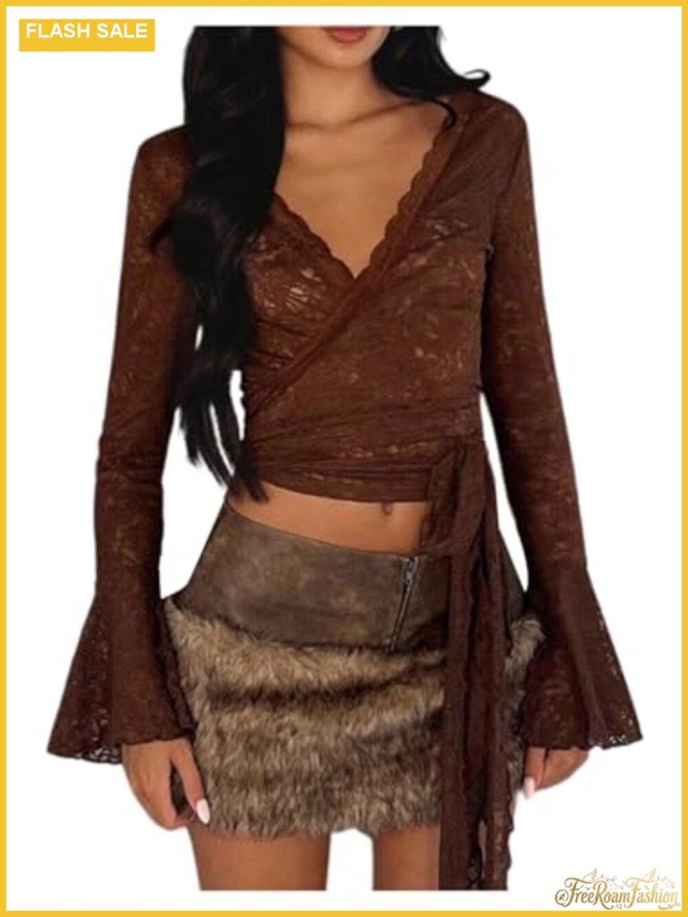 Sheer Lace Mesh Wrap Crop Top Y2K Long Sleeve Fairy Shirt